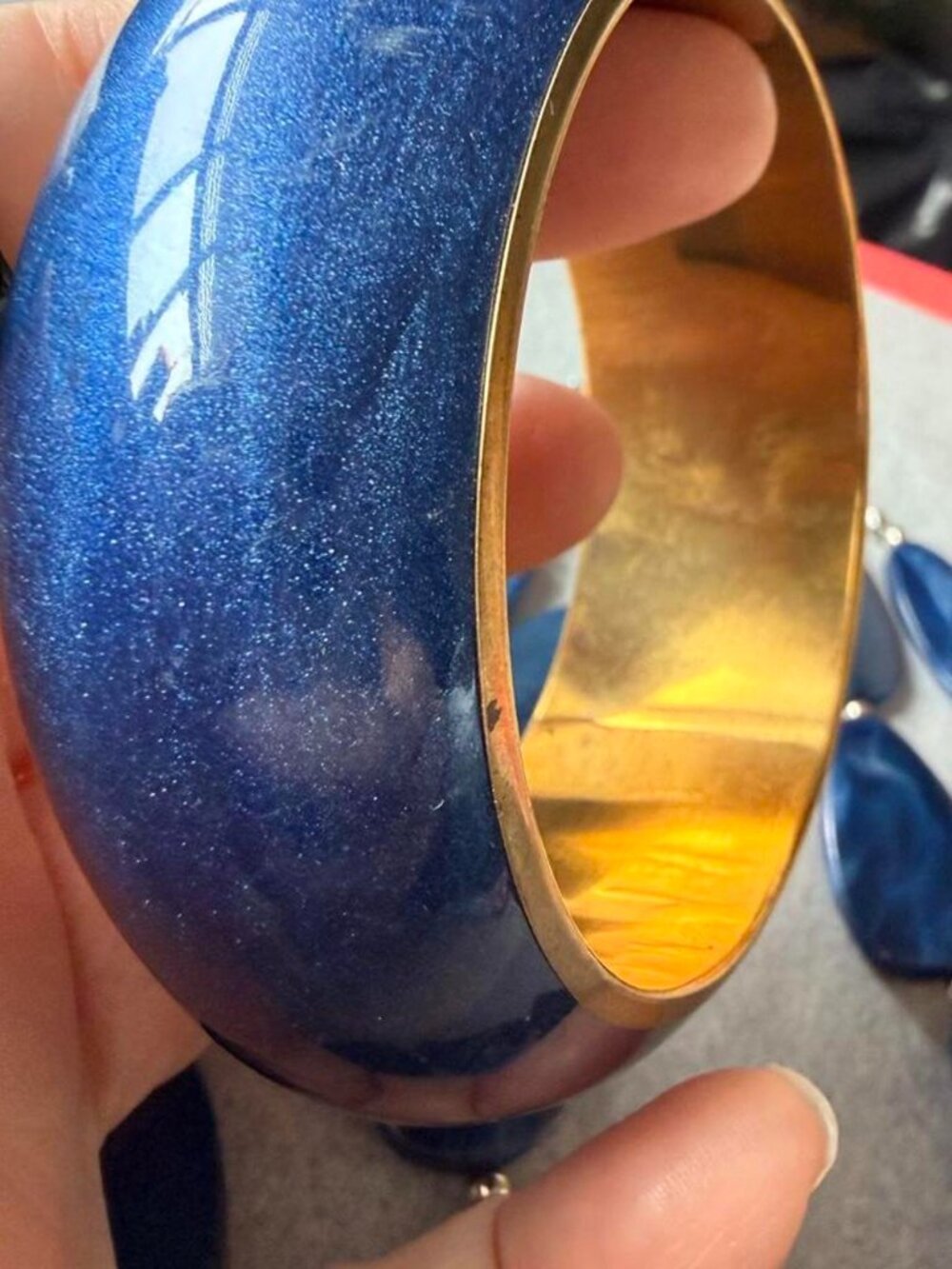 Cobalt Blue Shimmer Wide Domed Bangle Bracelet Gold Tone Statement